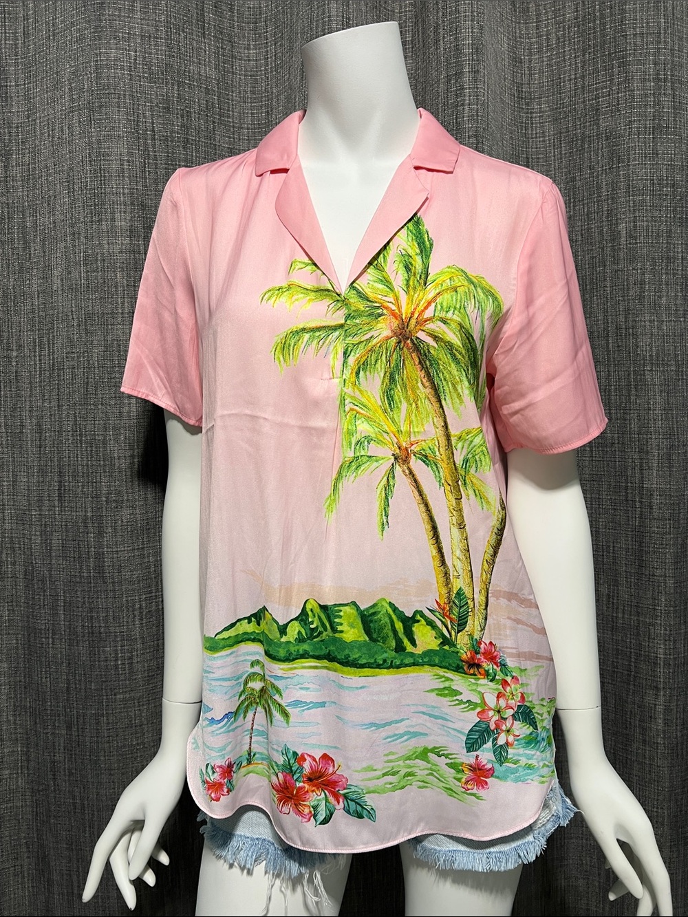 Rachel Zoe Tropical Island Palm Print Short Sleeve Lightweight Satin Blouse XS